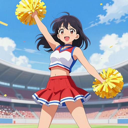 Anime-style digital drawing of a cheerful, black-haired cheerleader in a white, red, and blue crop top and red skirt, holding yellow pom-p