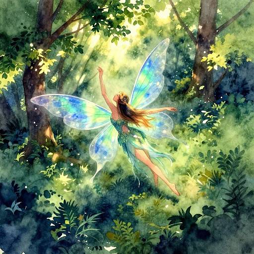 Digital painting of a glowing fairy with blue and green translucent wings, dancing in a sunlit forest, surrounded by lush greenery.