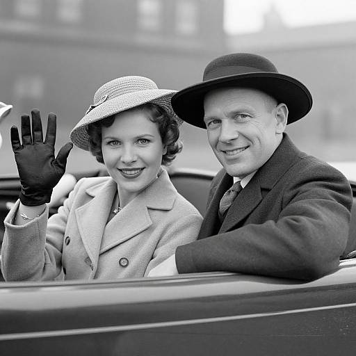 Black-and-white photograph of a smiling couple in 1940s-style attire, with the woman waving and wearing a hat and gloves, and the man