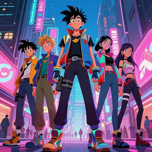Digital anime-style artwork of four young characters standing confidently in a neon-lit, futuristic city street at night. Vibrant colors and glowing signs in the