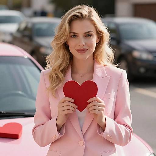 Blonde Woman Holding Heart by Pink Car