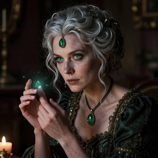 Photorealistic digital painting of a pale-skinned, white-haired woman with green eyes, holding a glowing green gem, wearing an ornate dark dress