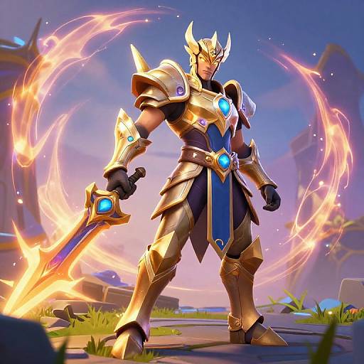 Digital art of a muscular, golden armored knight with glowing blue gems, holding a fiery sword, standing in a vibrant, fantasy landscape.