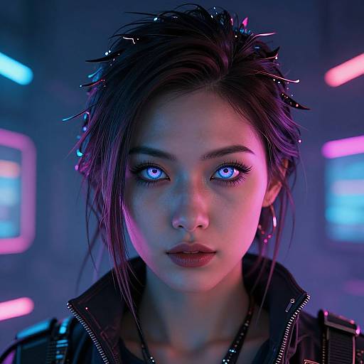 Digital art of a cyberpunk woman with glowing blue eyes, dark hair adorned with small lights, wearing a black jacket, against a neon-lit background
