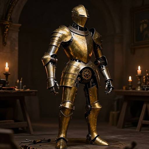 Photograph of a golden, medieval-style, armored robot with a blank face, standing in a dimly lit, medieval-style workshop with candles.