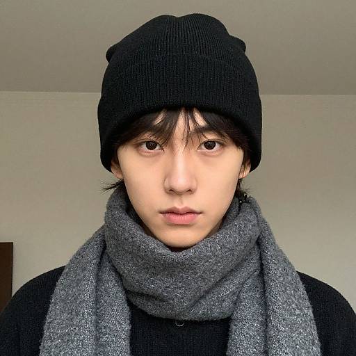 Photograph of an East Asian young man with pale skin, wearing a black beanie, gray scarf, and black sweater, looking directly at the camera