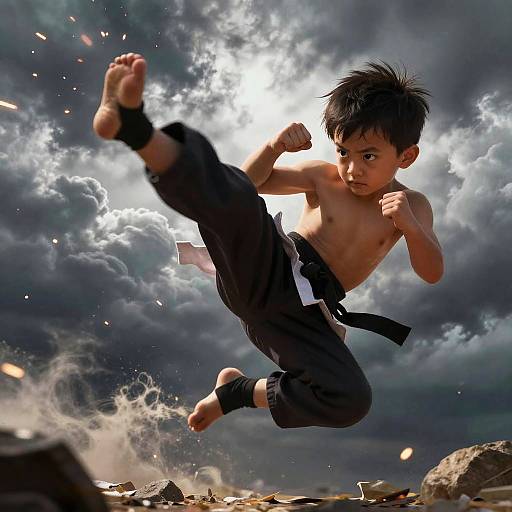Photorealistic CGI of a shirtless Asian boy with spiky black hair, mid-kick, wearing black pants, against a dramatic cloudy sky.