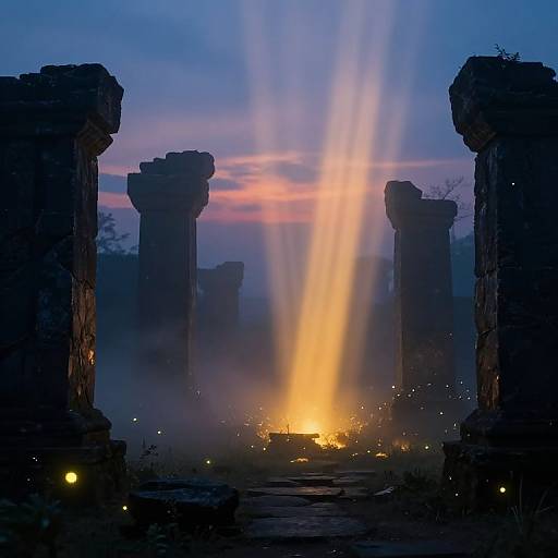 Photograph of ancient ruins at dusk, with golden beams of light shining through four tall, dark stone columns, surrounded by mist and scattered sparks.
