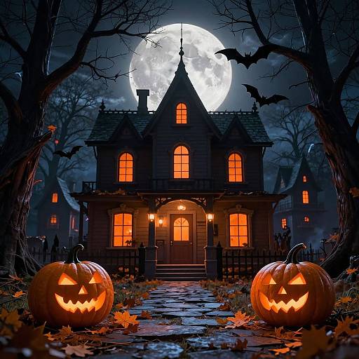Spooky Halloween night: glowing full moon, haunted house with orange-lit windows, two carved jack-o'-lanterns, bats flying, leaf