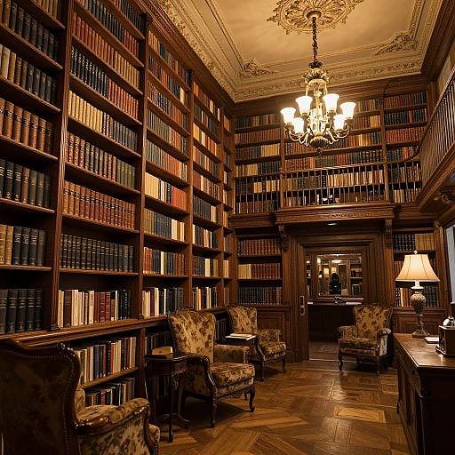 Cozy, dimly-lit library with ornate ceiling, wooden bookshelves filled with colorful books, vintage armchairs, and a ch