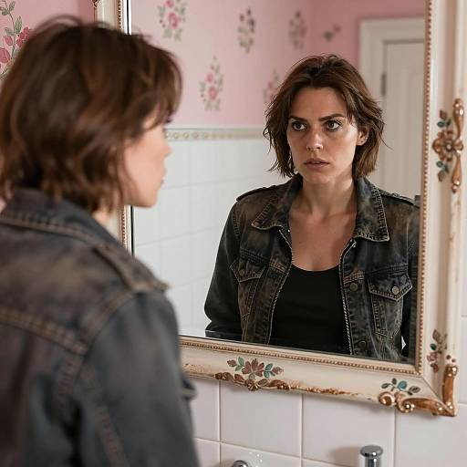 Woman with Intense Expression Looking in Mirror