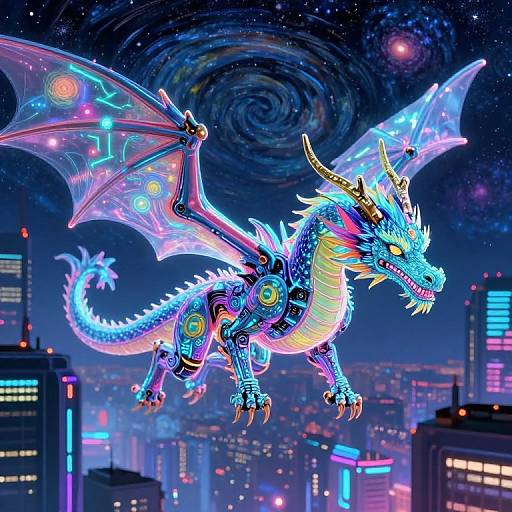 Neon Cybernetic Dragon Over Cityscape