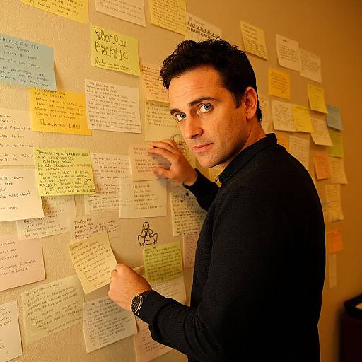 Photograph of a man with short dark hair, wearing a black sweater, standing in a warmly lit room, touching colorful handwritten notes pinned to a white