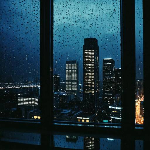 Nighttime Cityscape Through Rainy Window