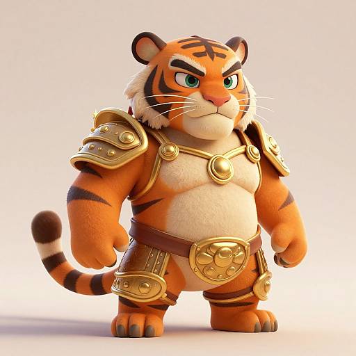 CGI anthropomorphic tiger warrior with orange fur, black stripes, green eyes, gold armor, and belt, standing confidently against a white background.