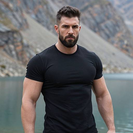 Photograph of a muscular, bearded man with short dark hair, wearing a tight black t-shirt, standing by a mountainous lake.