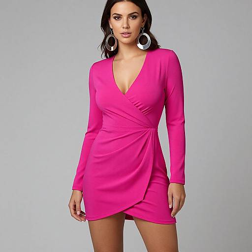 Photograph of a confident woman with long black hair, wearing a bright pink, long-sleeve, deep V-neck mini dress, and large hoop