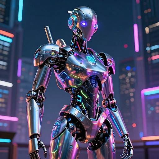 Neon-lit cybernetic female robot with glowing blue and purple lights, standing in a futuristic cityscape with colorful skyscrapers. Photoreal