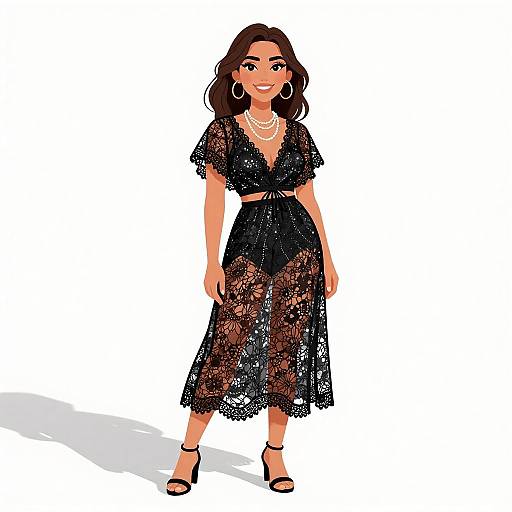 Digital illustration of a smiling woman with medium brown skin, wearing a black lace dress, hoop earrings, necklace, and black heels, standing against a white