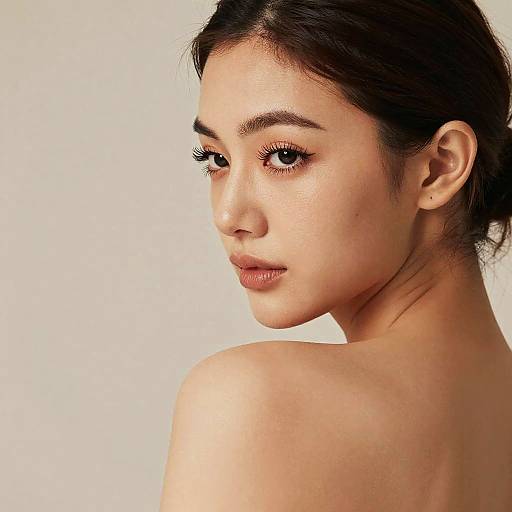 Photograph of a young Asian woman with fair skin, dark hair in a loose bun, brown eyes, and subtle makeup, looking over her shoulder against