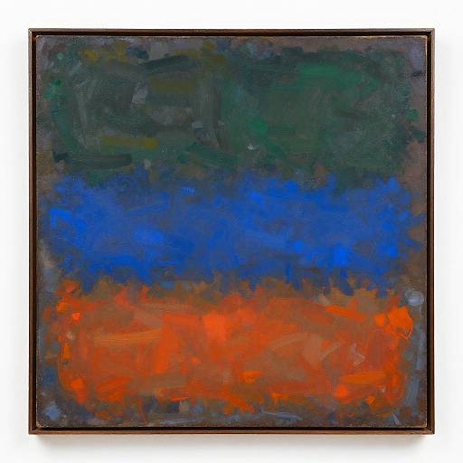 Abstract oil painting with bold, textured brushstrokes; dark green and blue upper section, vibrant red lower section, framed in black.