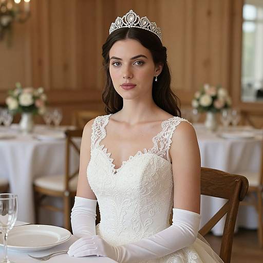 Photograph of a beautiful brunette bride with fair skin, wearing a white lace wedding dress, tiara, and gloves, seated at a wooden table in