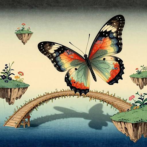 Digital illustration of a large, colorful butterfly with black, red, and orange wings, perched on a wooden arch bridge between floating islands with flowers,