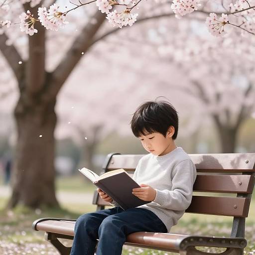 Thoughtful Boy Reading Under Cherry Blossoms