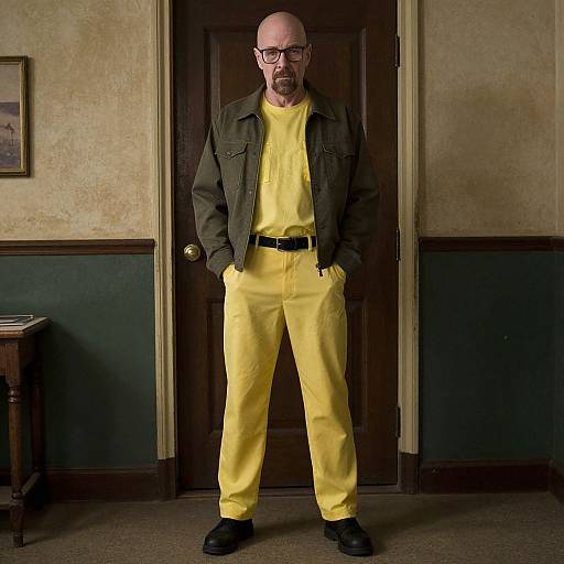 Photograph of a bald, bearded man with glasses, wearing yellow prison uniform, olive jacket, black belt, and shoes, standing in front of