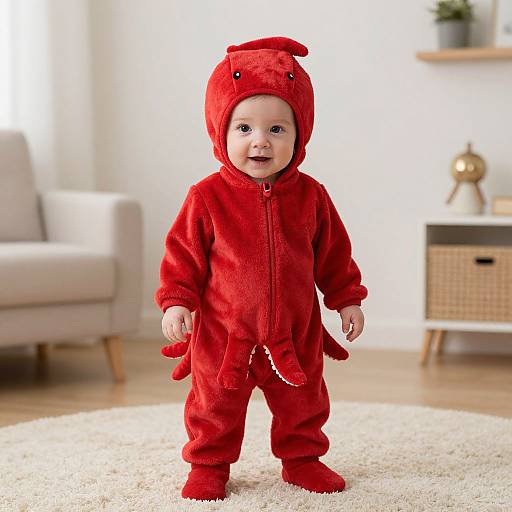 Photograph of a smiling baby in a red dinosaur onesie with hood, standing on a white rug in a bright, modern living room.