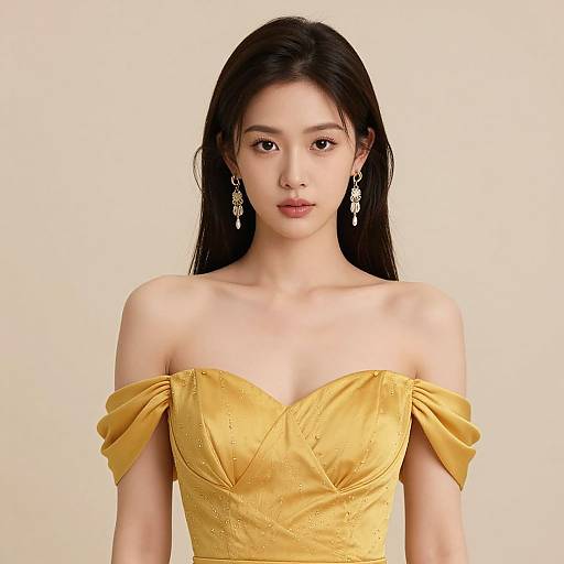 Photograph of an Asian woman with long black hair, wearing an off-the-shoulder, yellow, sequined dress and dangling earrings, against a