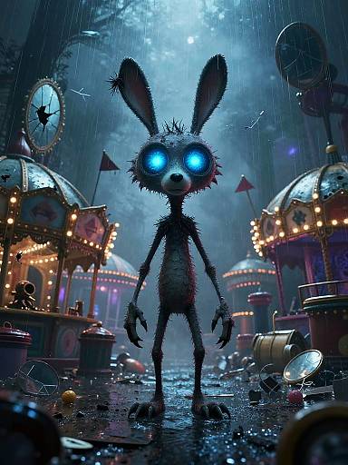 Digital illustration of a creepy, blue-eyed, glowing-eyed rabbit in a rain-soaked, neon-lit carnival at night, surrounded by scattered carnival lights