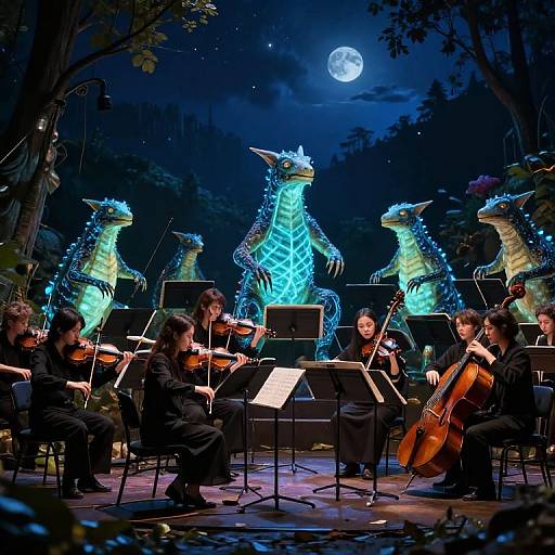 Photograph of an orchestra performing under a night sky with a full moon, illuminated by glowing, blue dragon statues. Musicians in black attire, playing