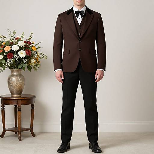 Photograph of a man in a black tuxedo with white shirt and black bow tie, standing in front of a white wall, beside a wooden