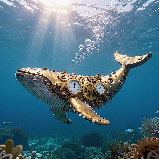 Photograph of a steampunk-style, gear-adorned whale with multiple clock faces, swimming underwater amidst coral reefs and bubbles, bathed in