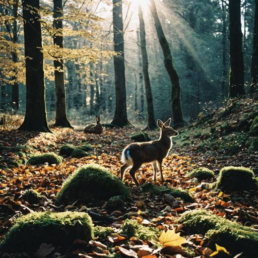 Deer and Rabbit in Mossy Autumn Forest