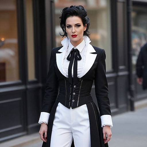 Photograph of a pale-skinned woman with black hair in a black-and-white Victorian-inspired outfit, standing confidently on a city street.