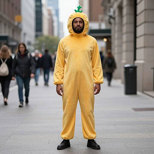Photograph of a bearded man in a yellow chicken costume with a green headpiece standing on a city sidewalk, with blurred pedestrians in the background.