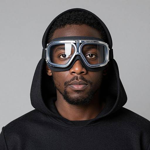Photograph of a black man with dark skin, wearing a black hoodie and large, transparent safety goggles, against a plain white background.