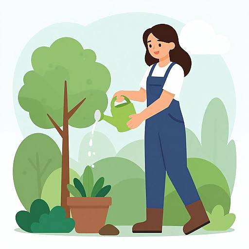 Smiling Asian Woman Watering Tree
