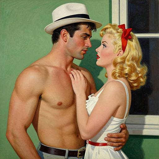 Vintage-style digital painting of a muscular, shirtless man in a white hat, and a blonde woman in a white dress and red bow, intimately close