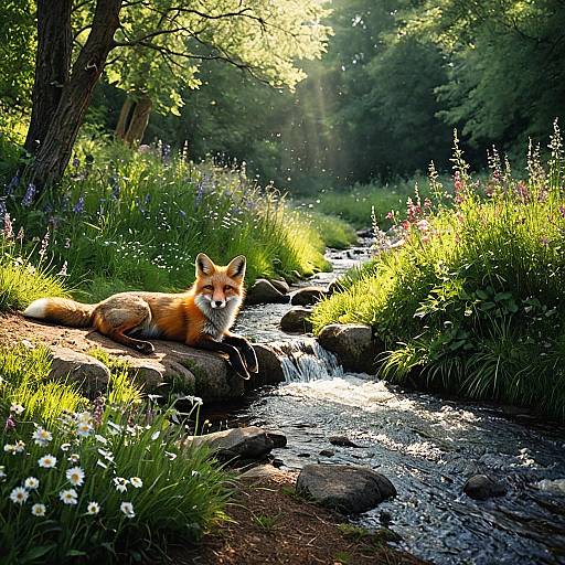 Red Fox Reclining by Stream in Sunlit Forest