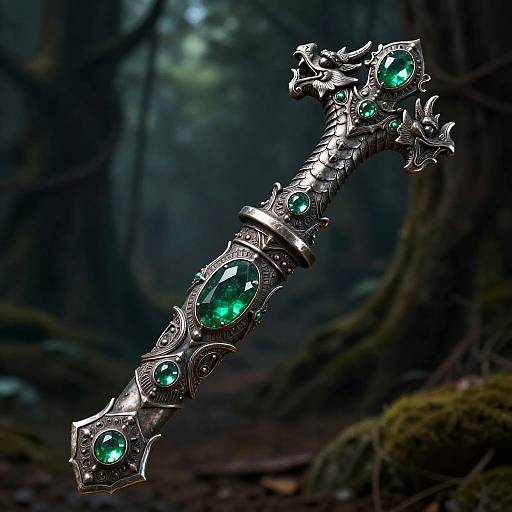 Photorealistic CGI of an ornate, silver-handled sword with emerald gemstones in a dark, misty forest. The sword's intricate