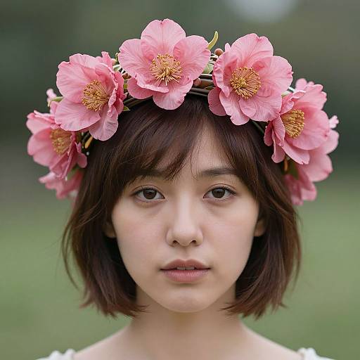 Photograph of an Asian woman with short brown hair, wearing a pink flower crown, and a white dress, set against a blurred green background.