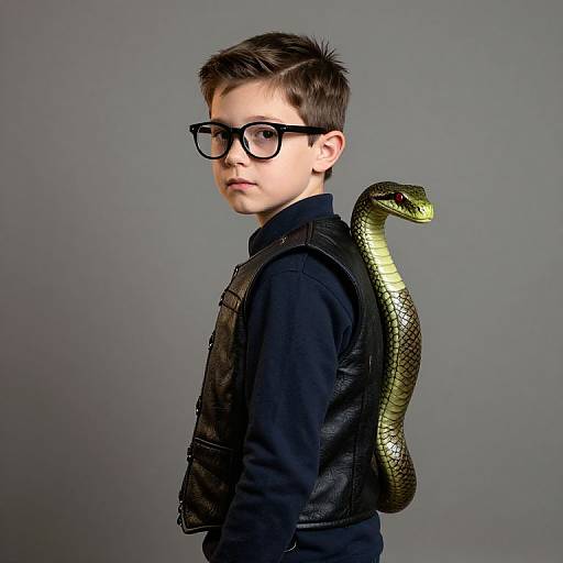 Photograph of a young boy with short brown hair, black glasses, and a black leather vest, standing with a green snake on his back against a