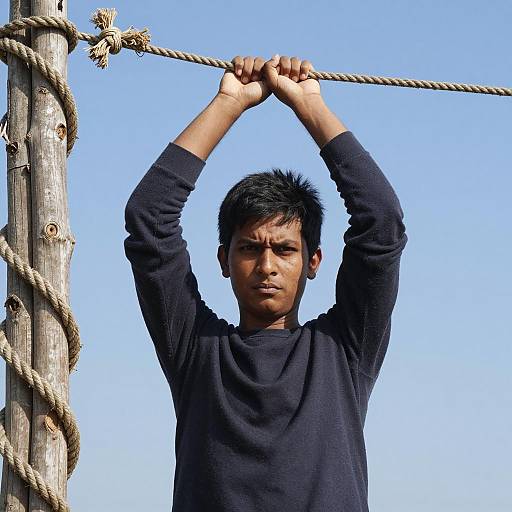 Man Reacting Under a Tree with Rope