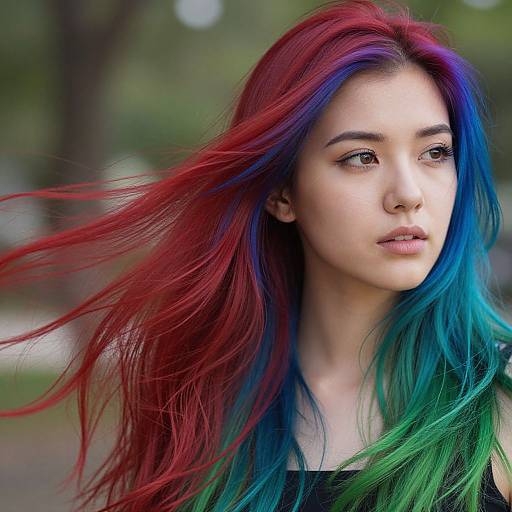 Photograph of a young woman with vibrant red, blue, and green hair, looking slightly to the side, in a blurred outdoor background.