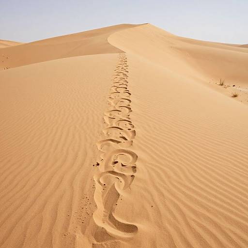 Photograph of a sandy desert with a single, winding footprint trail stretching from the foreground to the top of a dune under a bright, clear sky