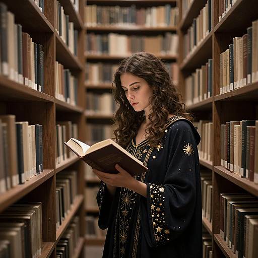 Photograph of a curly-haired woman in a black, star-embroidered dress, reading a book in a wooden library aisle.