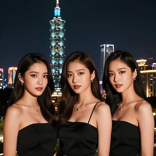 Elegant Taiwanese Women with Taipei Night